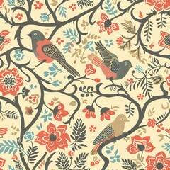 A seamless pattern displaying whimsical birds and intricate floral designs, arranged in a cohesive layout