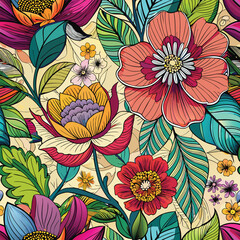 a colorful design with flowers and leaves on it