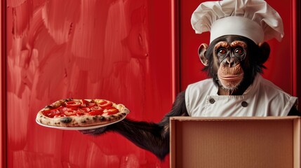 Chimpanzee Chef Holding Pizza in a Kitchen with Red Background