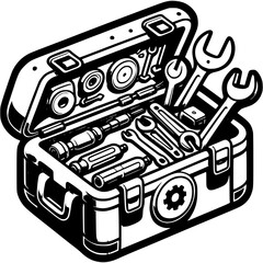 Toolbox is opened with instrument inside in monochrome. Box with many tools inside. Simple minimalistic vector in black ink drawing on transparent background