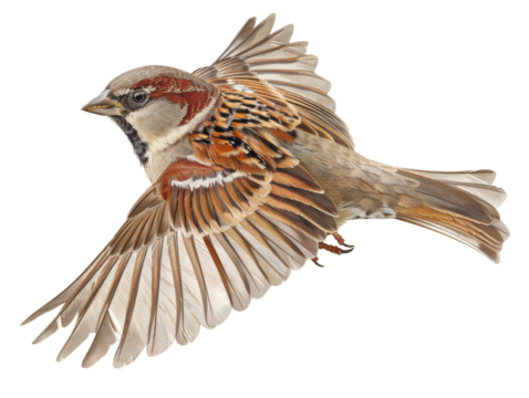 Detailed image of a sparrow in mid-flight with wings fully extended, showcasing its intricate feather pattern and natural grace.