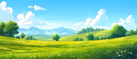 Valley land with cloudy blue sky. horizontal, illustration, copy space background.