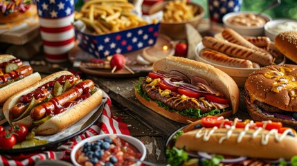 picnic table covered in patriotic decorations, with plates of traditional 4th of July food like