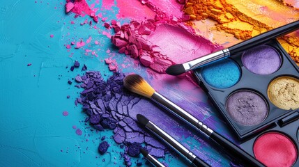 Obraz premium Colorful Eyeshadow Palette with Makeup Brushes on Vibrant Backgrounds in Pink, Blue, and Yellow