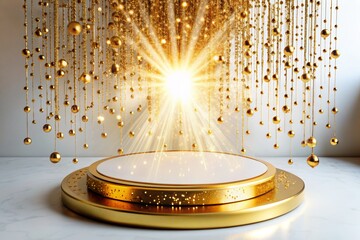 Obraz premium Luxurious Golden Podium for Product Display with Sparkling Lights and Elegant Background - Perfect for Showcasing High-End Products, Jewelry, Cosmetics, and More