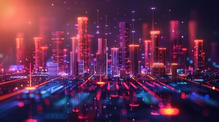 Fototapeta premium Futuristic Neon Skyline at Night with Glowing Digital Elements and Abstract Cityscape
