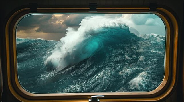 Oceanic spectacle: Massive wave looming outside the ship window, captured from onboard perspective
 Seamless looping 4k time-lapse virtual video animation background. Generated AI