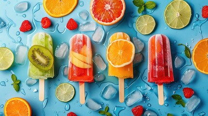 Refreshing Summer Popsicles with Fresh Fruits and Ice on Blue Background