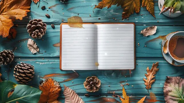 A blank notebook surrounded by pine cones, leaves and coffee on an oak table. A top view of the open book with white lined pages is placed in the center of the composition. The background has greenery