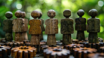 Wooden Figurines on Gear Background Depicting Teamwork and Collaboration in Nature