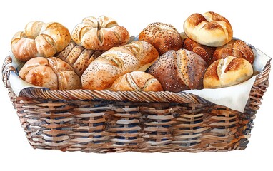 Assorted fresh bread rolls in a wicker basket on white background. Perfect for bakery, food, and breakfast-themed stock photos.