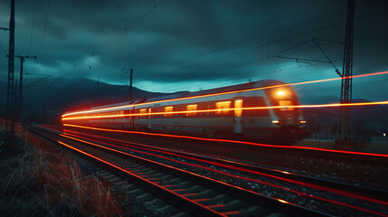 Naklejka premium A train moving at night, with light trail.