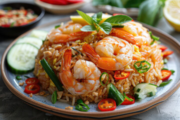 Thai Fried Rice (Khao Pad) with shrimp and vegetables, garnish cucumber, lemon and spring onions....