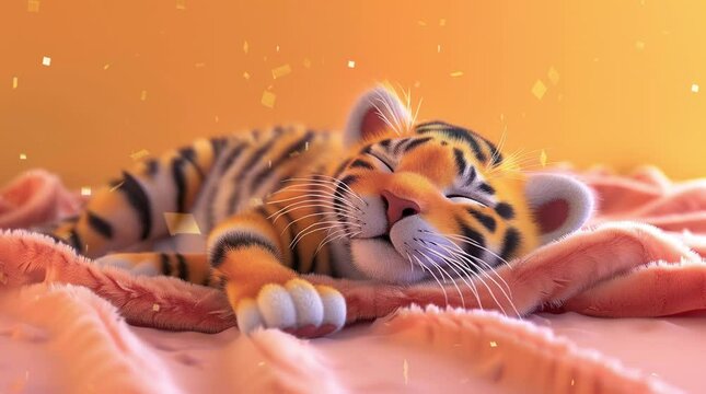 Majestic tiger peacefully sleeping on a soft blanket, showcasing serene beauty
 Seamless looping 4k time-lapse virtual video animation background. Generated AI