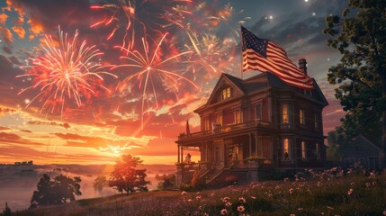 Obraz premium An American flag displayed on a historic house, with fireworks illuminating the night sky