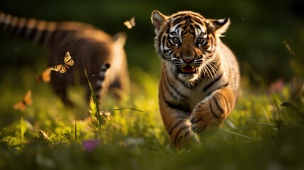 Photograph of a playful Sumatran tiger cub chasing butterflies in a sun-dappled meadow. 