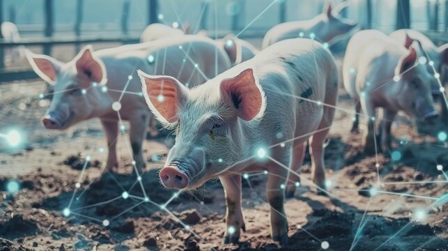 A group of pigs gathered around a feeding trough with each pig wearing a unique tracking tag for accurate feeding and monitoring.