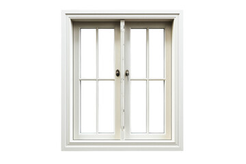 A white window with a wooden frame and a black handle