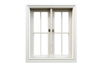 A white window with a wooden frame and a black handle