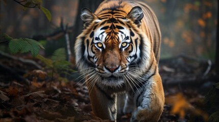 Obraz premium Photograph of a powerful Siberian tiger emerging from a misty forest, its eyes gleaming with intensity. 