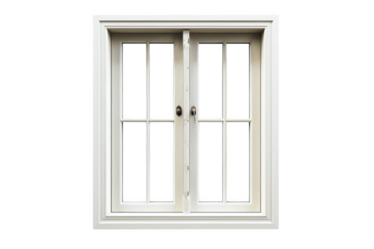 A white window with a wooden frame and a black handle