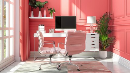 A home office with vivid pink decor, a sleek white desk, and a comfortable chair, inspiring creativity