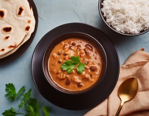 Traditional Indian Punjabi dish Dal makhani with lentils and beans in black bowl served with basmati rice, naan flat bread, fresh cilantro and spoon on blue concrete rustic table top view