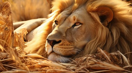 photograph of a sleeping lion, its mane blending with the golden grasses around it