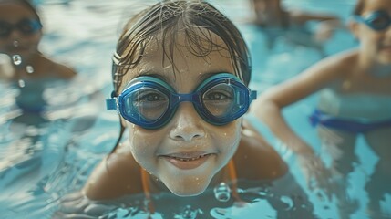 Naklejka premium Summer Fun at Camp: Happy Girl in Blue Swim Goggles Smiling in Indoor Swimming Pool, Surrounded by Friends. Enhanced with Professional Color Grading for Maximum Visual Impact.