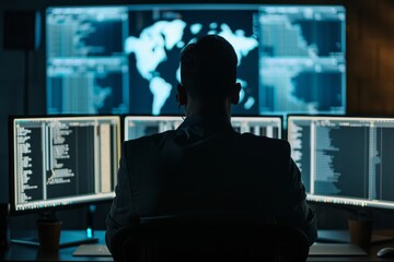 A cybersecurity expert analyzing encrypted email data on multiple computer screens