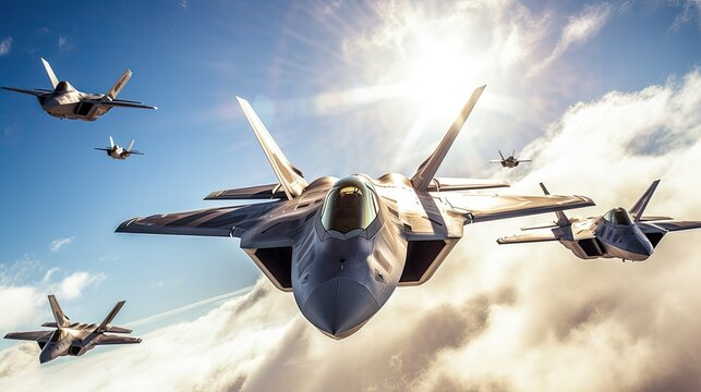 Photograph of a squadron of F-22 Raptors soaring through a crystal-clear azure sky, their sleek metallic bodies gleaming under the midday sun