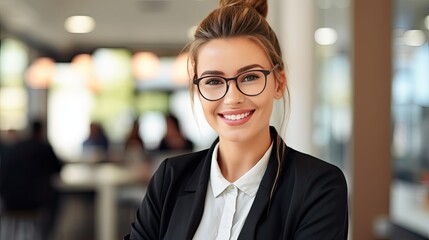 photograph of a stunning young female accountant with a warm smile, looking directly at the camera. She is wearing a professional suit and glasses. Her hair is neatly tied back in a bun. 