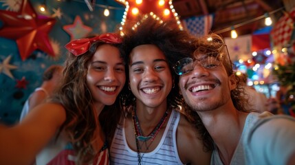 Fototapeta premium Three people smiling for a picture. One of them is wearing a red bow. Scene is happy and fun
