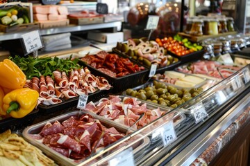 A deli counter with a variety of cold cuts, cheeses, and prepared foods
