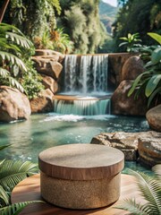 Naklejka premium Elegant Stone Podium for Product Display in a Serene Tropical Waterfall Setting with Lush Greenery and Natural Beauty