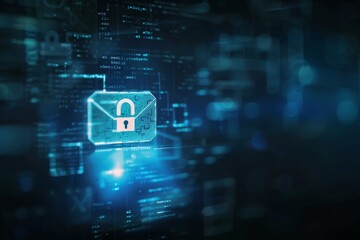 A digital lock icon over a blurred email message, emphasizing encryption
