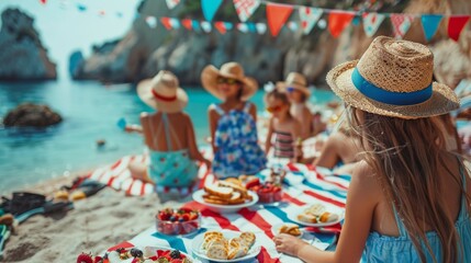 Fototapeta premium A group of friends celebrating the Fourth of July at a beach party, with flags, food, and festive outfits