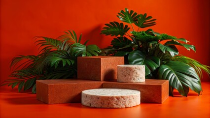 Fototapeta premium Modern Display Podium with Natural Elements for Product Presentation on Vibrant Orange Background