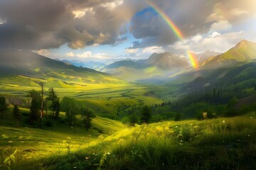 Rainbow over a lush valley, Majestic arc, vibrant colors stretching across the sky, green fields and trees below, soft sunlight filtering through, a serene and magical moment