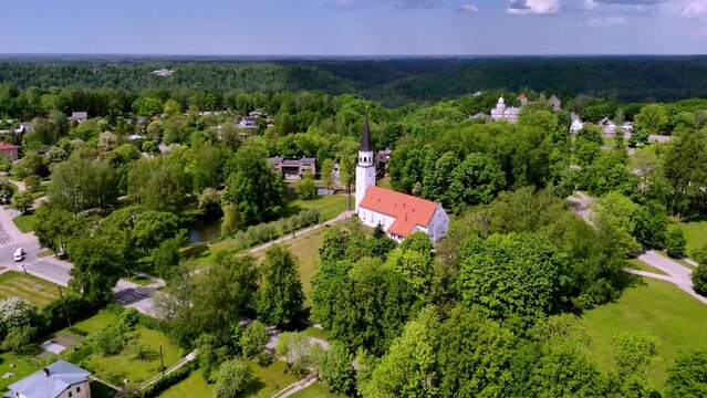 Sigulda Evangelical Lutheran Church With Iron-concrete Tower In Sigulda, Latvia. drone shot