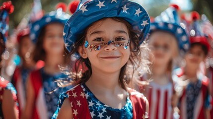 Fototapeta premium A group of children dressed in red, white, and blue, holding American flags during a 4th of July parade