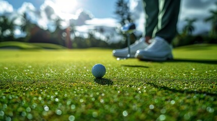 A golfer lining up a putt, with intense focus on the golf ball and the lush green around the hole