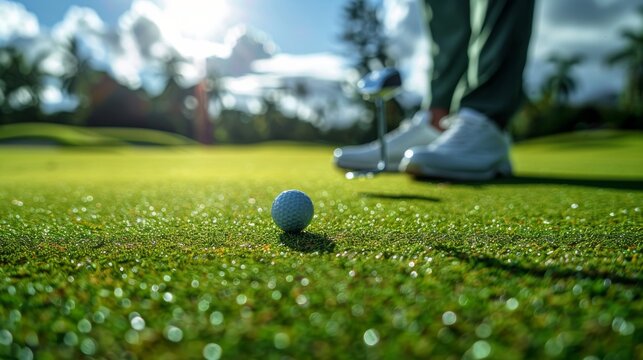 A golfer lining up a putt, with intense focus on the golf ball and the lush green around the hole