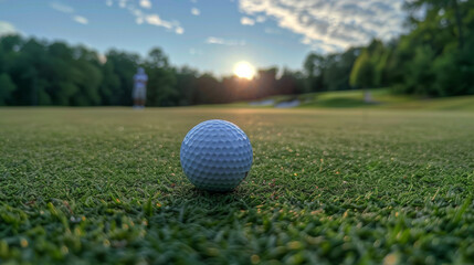 A golf ball sitting on the fairway, with a golfer in the background lining up their next shot