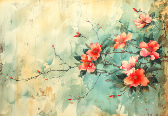 Naklejka premium Vintage Floral Painting on Weathered Canvas.