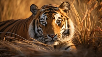 Obraz premium Photograph of an endangered Indochinese tiger resting peacefully in a bed of tall grasses, its golden coat glowing in the warm afternoon light