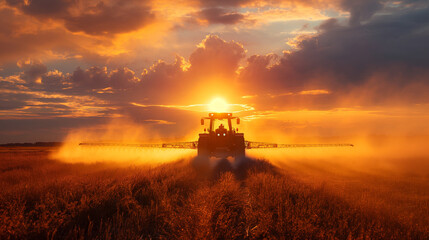 Naklejka premium Tractor spraying pesticides in a field during sunset.