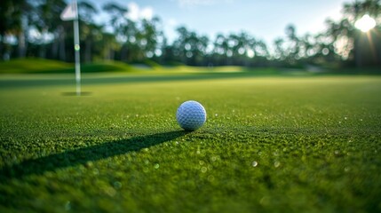A golf ball rolling towards the hole on a perfectly manicured green, with the flag waving in the background