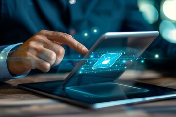 A professional receiving an encrypted email on their tablet, displaying a secure message icon