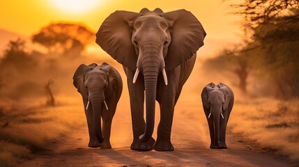 Fototapeta premium A Family of Elephants Traversing the Savannah at Sunset with a Golden Glow